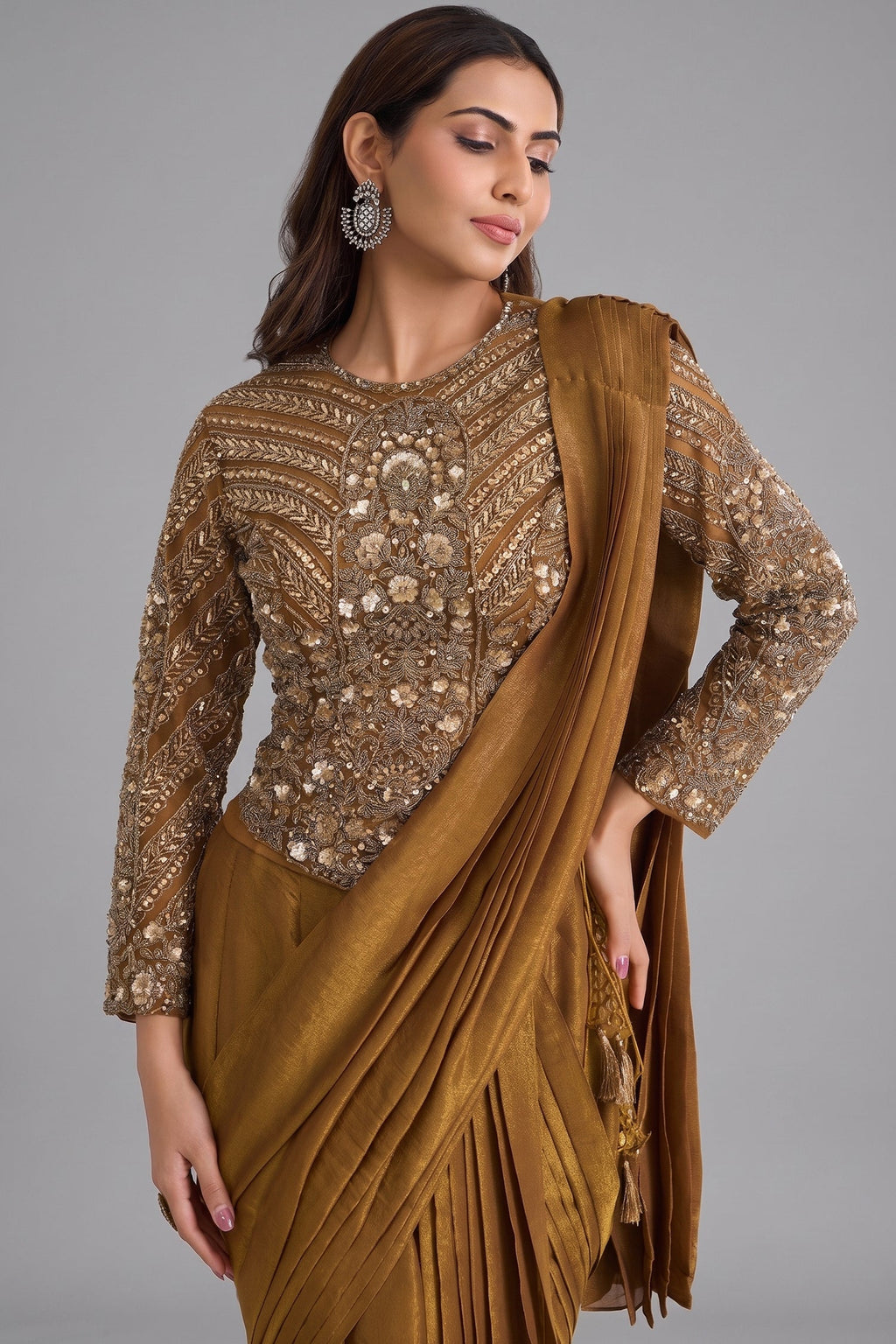 Ochre Gold Shimmer Organza Pre-Draped Saree featuring Corset