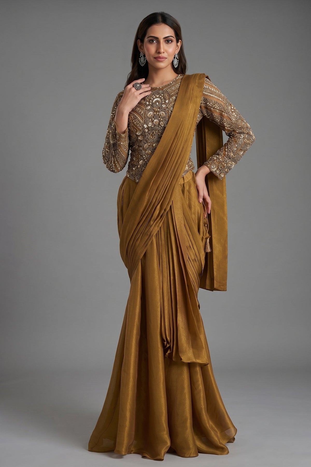 Ochre Gold Shimmer Organza Pre-Draped Saree featuring Corset