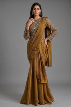 Ochre Gold Shimmer Organza Pre-Draped Saree featuring Corset