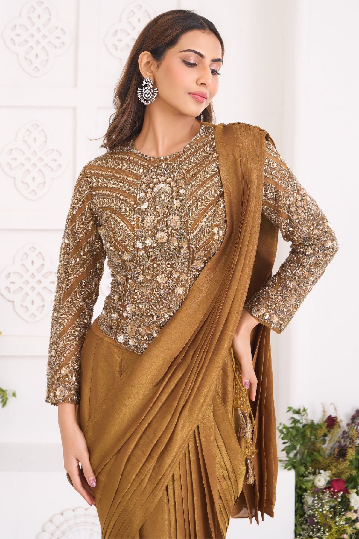 Ochre Gold Shimmer Organza Pre-Draped Saree featuring Corset