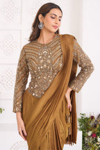 Ochre Gold Shimmer Organza Pre-Draped Saree featuring Corset