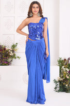 Cobalt Blue Crepe Satin Pre-Draped Saree with Asymmetric Mirror-Foil Applique Corset Blouse