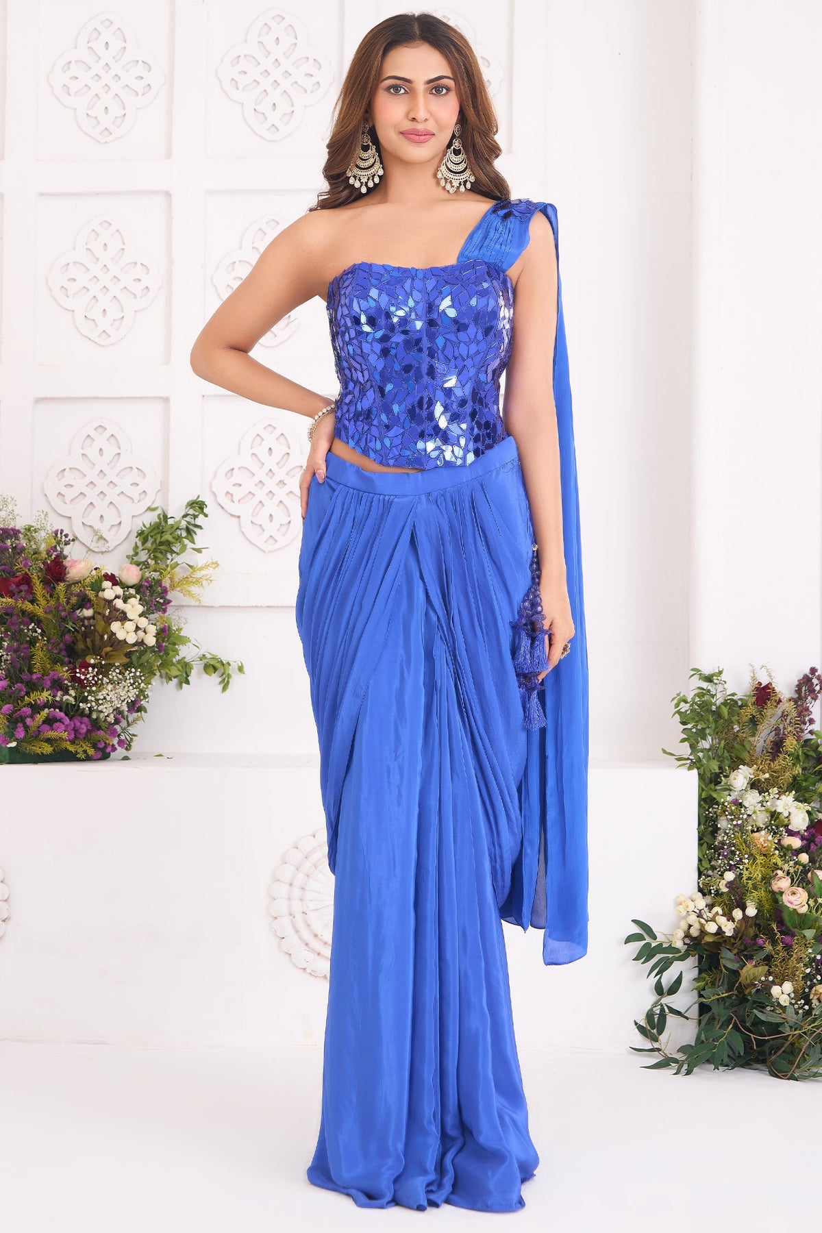 Cobalt Blue Crepe Satin Pre-Draped Saree with Asymmetric Mirror-Foil Applique Corset Blouse