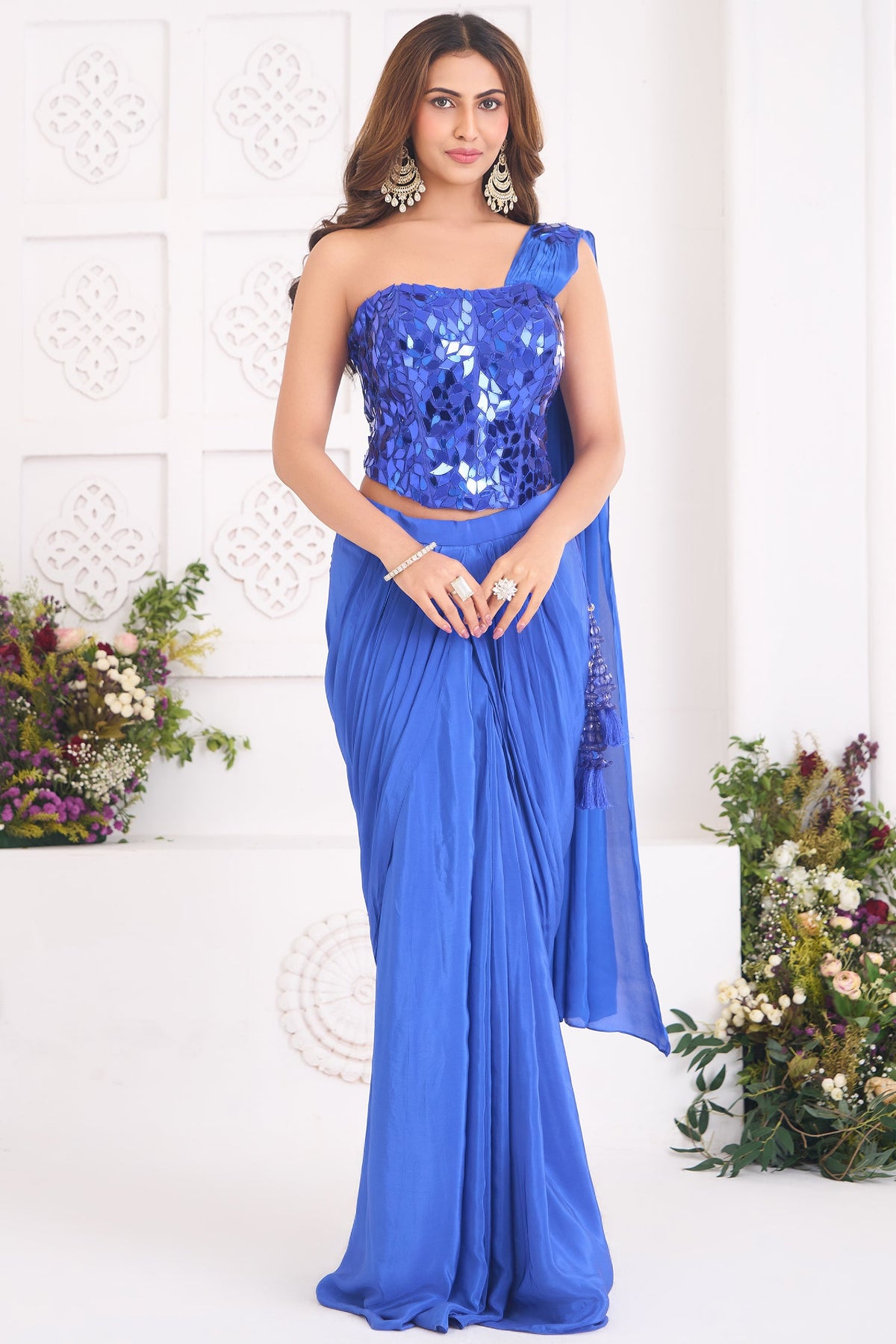 Cobalt Blue Crepe Satin Pre-Draped Saree with Asymmetric Mirror-Foil Applique Corset Blouse
