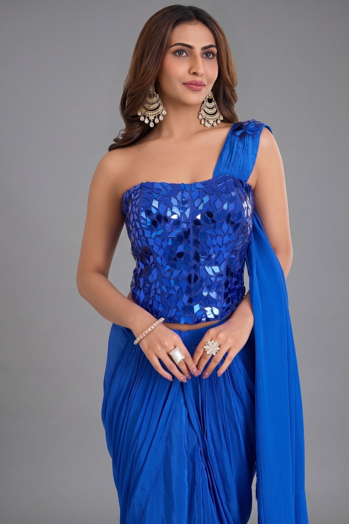 Cobalt Blue Crepe Satin Pre-Draped Saree with Asymmetric Mirror-Foil Applique Corset Blouse