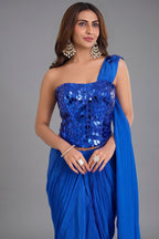 Cobalt Blue Crepe Satin Pre-Draped Saree with Asymmetric Mirror-Foil Applique Corset Blouse