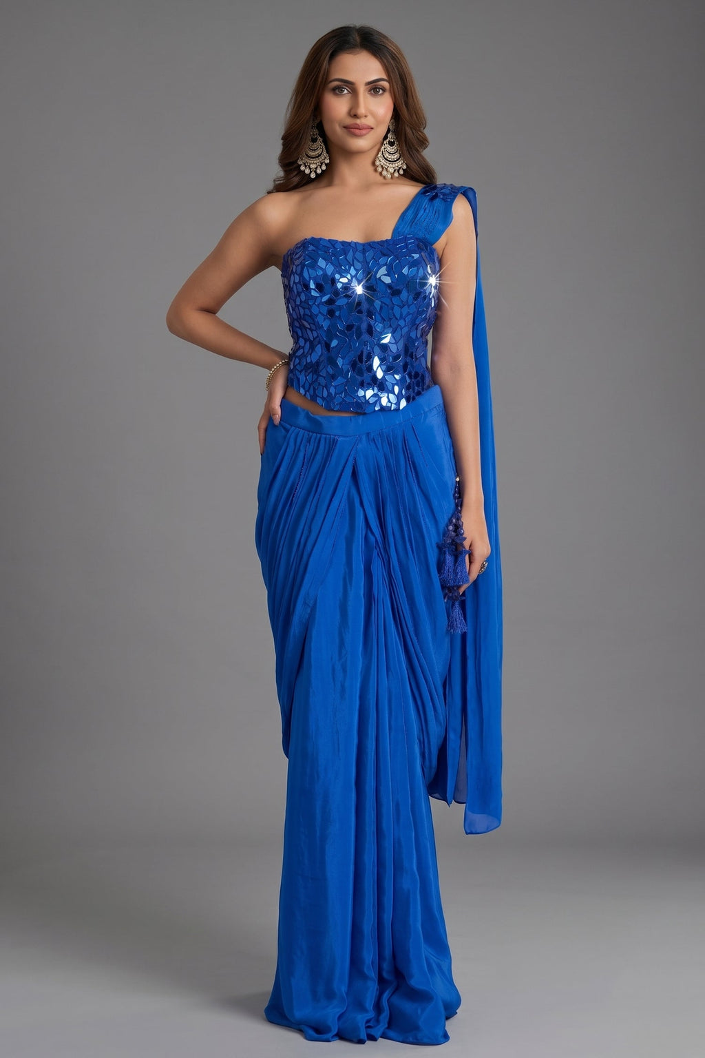 Cobalt Blue Crepe Satin Pre-Draped Saree with Asymmetric Mirror-Foil Applique Corset Blouse