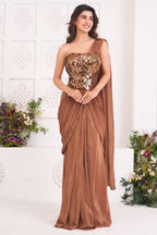 Bronze Brown Crepe Satin Pre-Draped Saree with Asymmetric Mirror-Foil Applique Corset Blouse