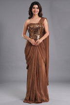 Bronze Brown Crepe Satin Pre-Draped Saree with Asymmetric Mirror-Foil Applique Corset Blouse