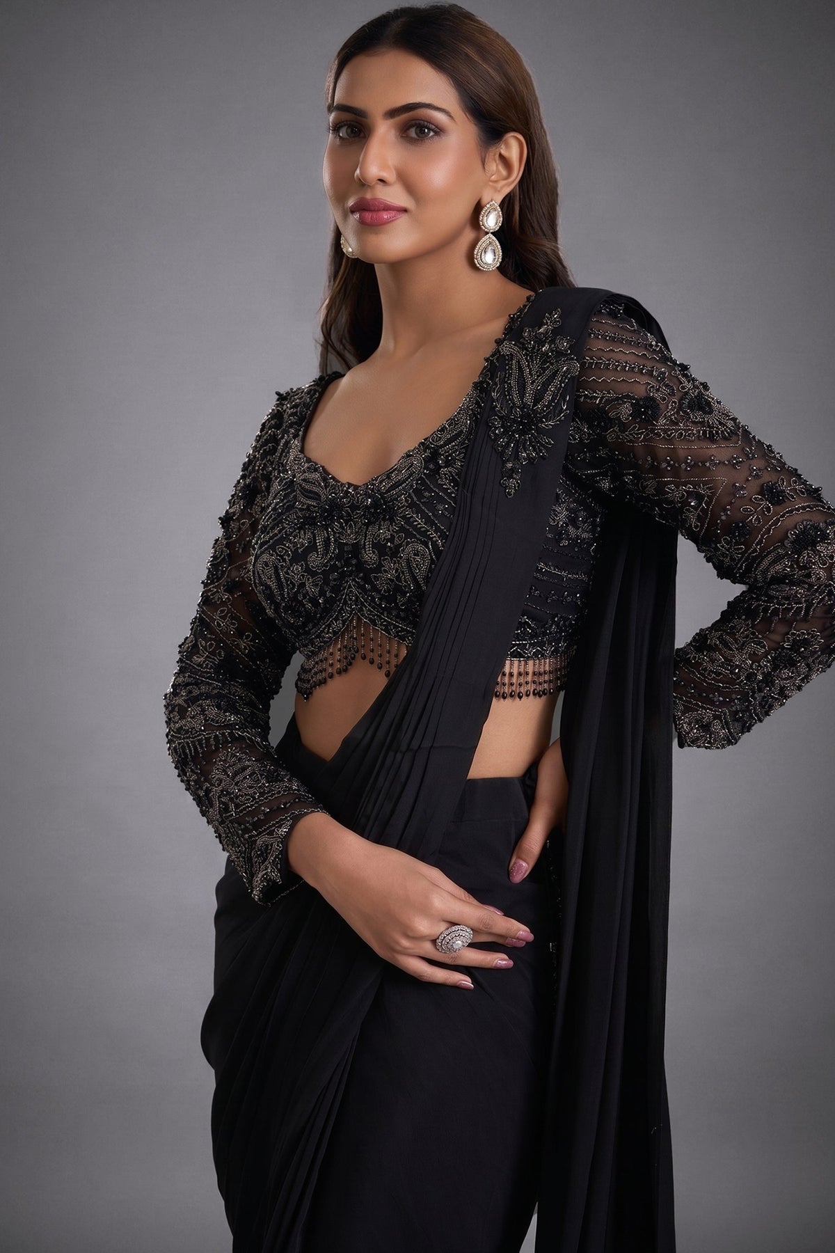 Black Crepe Silk Pre-Draped Saree with Full-Sleeve Scalloped Crystal Blouse
