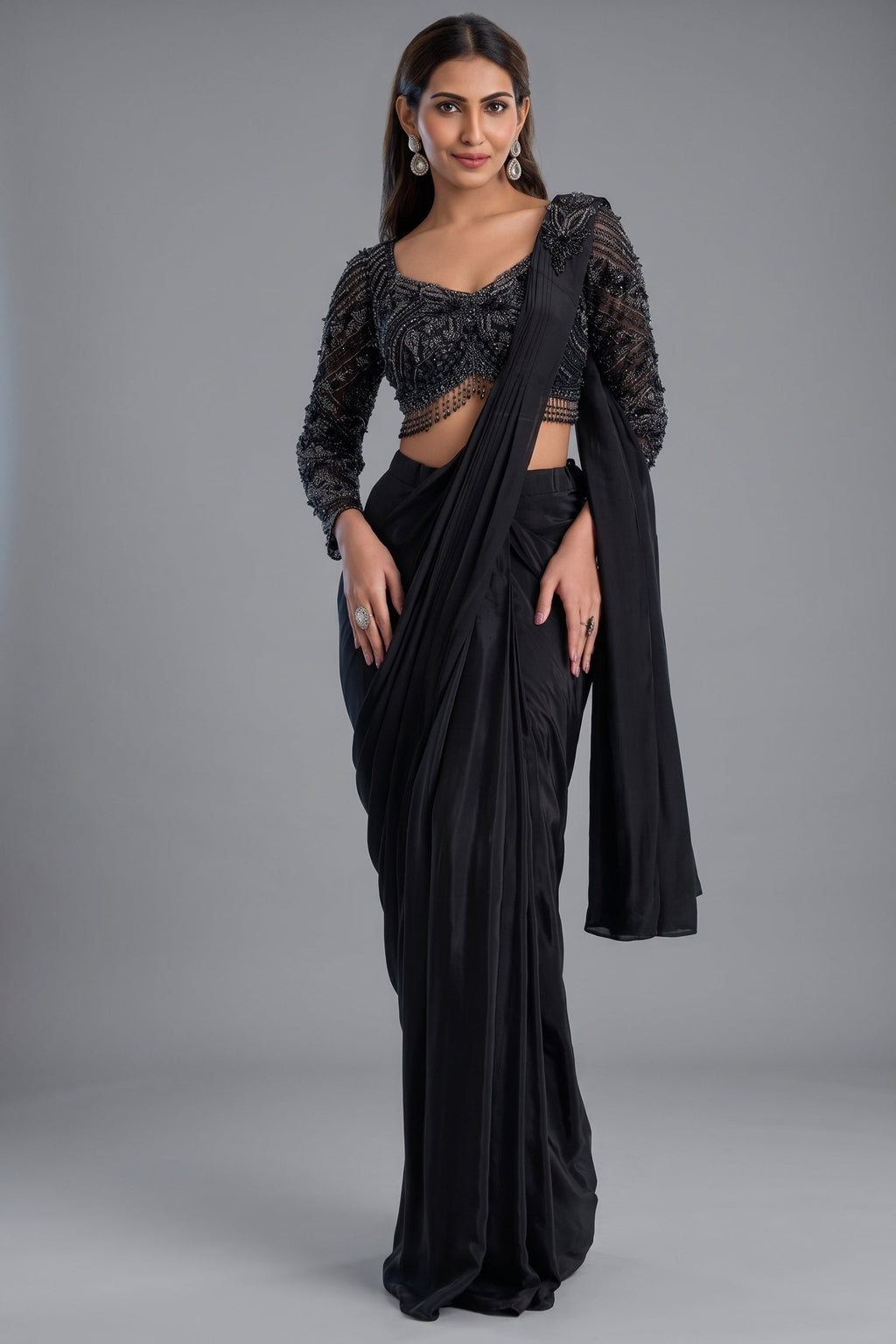 Black Crepe Silk Pre-Draped Saree with Full-Sleeve Scalloped Crystal Blouse