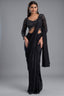 Black Crepe Silk Pre-Draped Saree with Full-Sleeve Scalloped Crystal Blouse