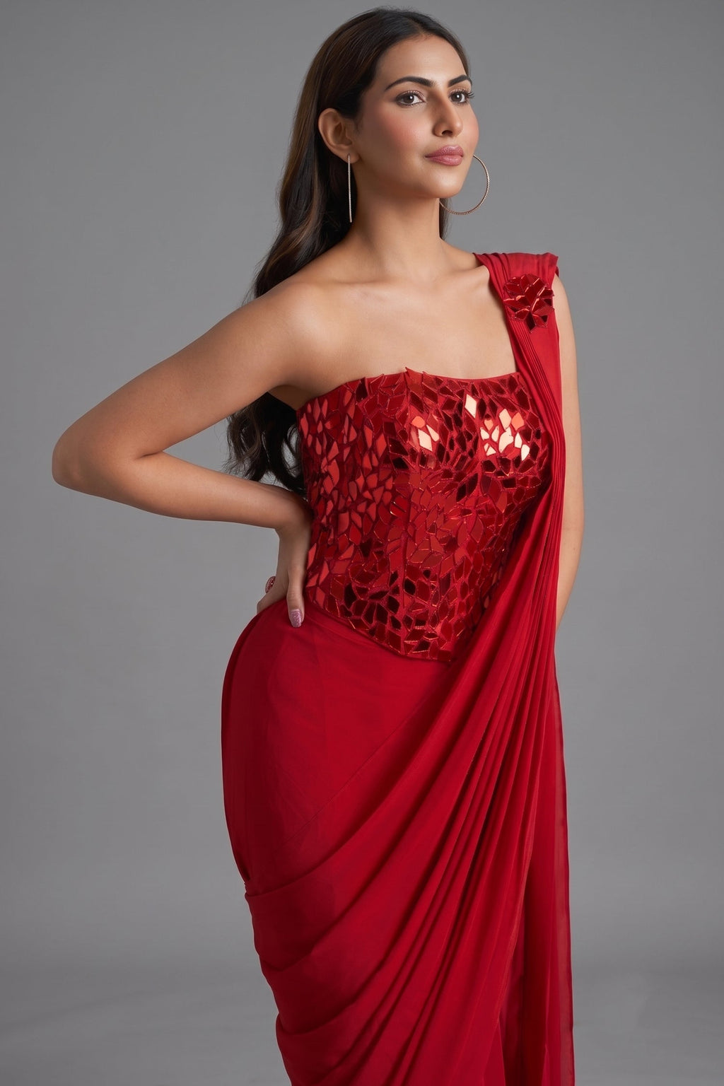 Red Crepe Satin Pre-Draped Saree with Asymmetric Mirror-Foil Applique Corset Blouse