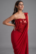 Red Crepe Satin Pre-Draped Saree with Asymmetric Mirror-Foil Applique Corset Blouse