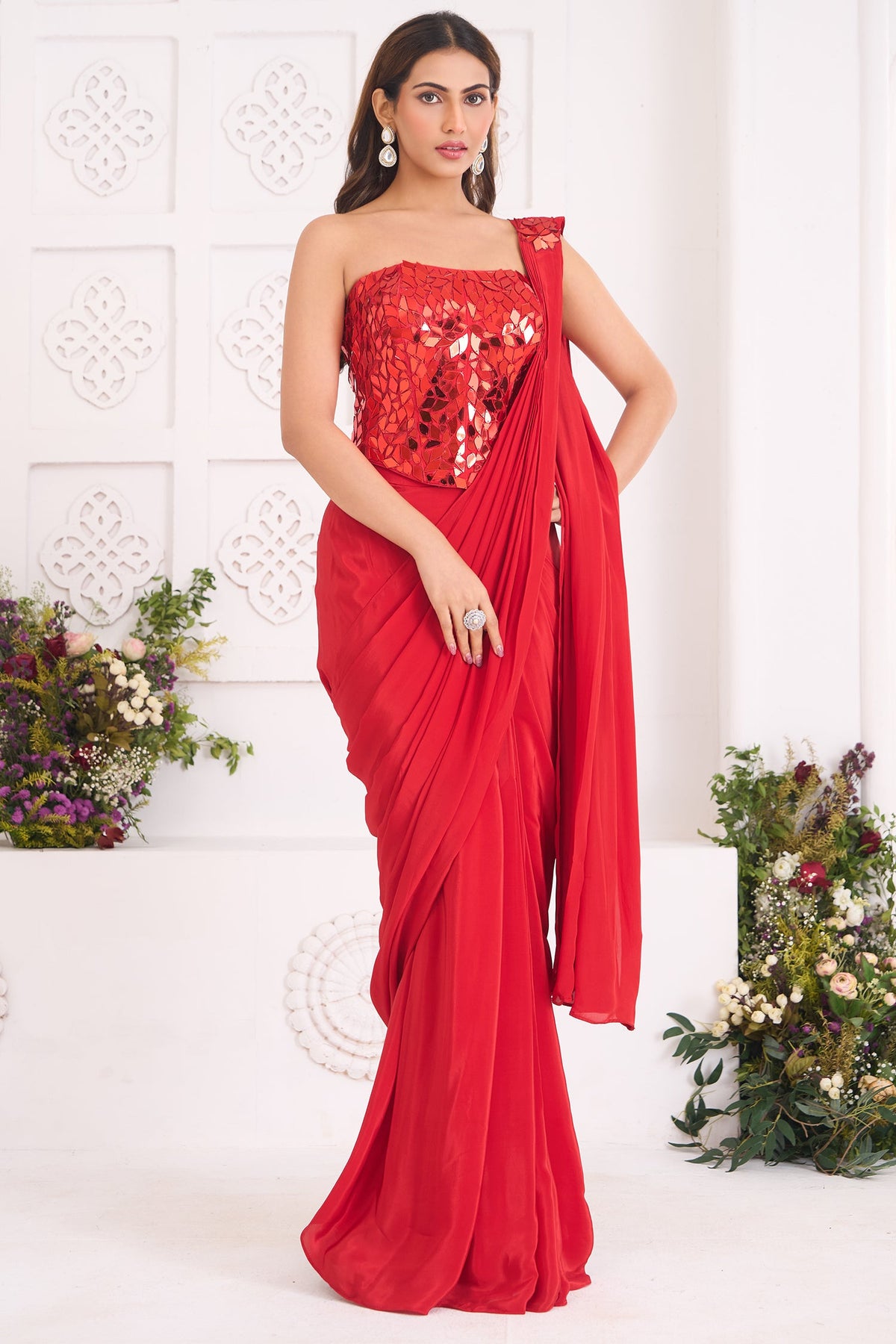 Red Crepe Satin Pre-Draped Saree with Asymmetric Mirror-Foil Applique Corset Blouse