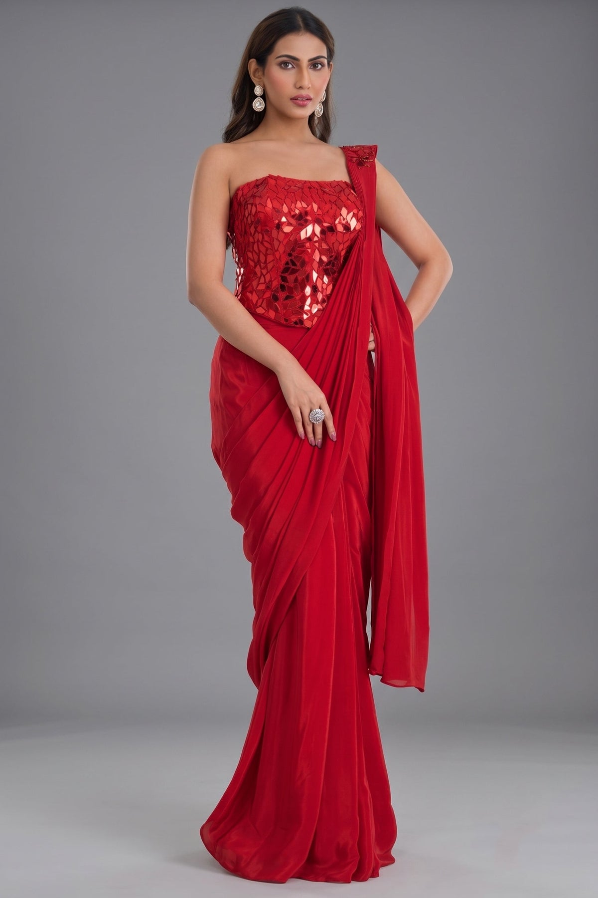 Red Crepe Satin Pre-Draped Saree with Asymmetric Mirror-Foil Applique Corset Blouse