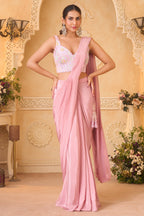 Pink Crepe Satin Silk Pre Draped Saree with Beaded Corset