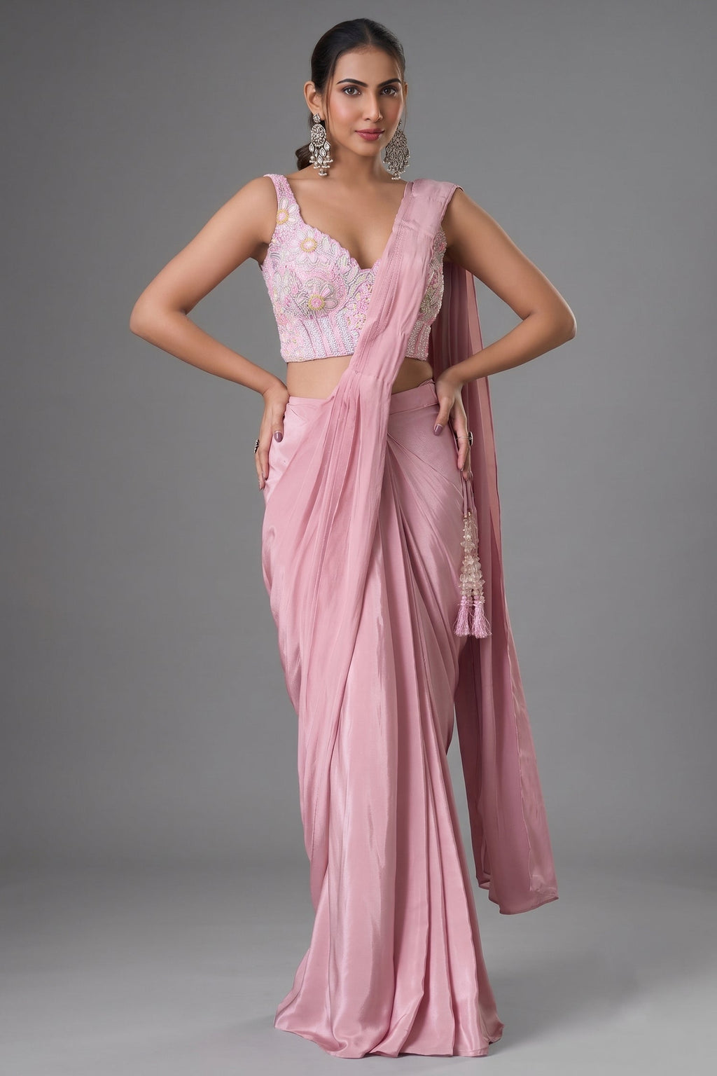 Pink Crepe Satin Silk Pre Draped Saree with Beaded Corset