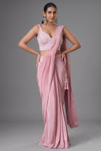 Pink Crepe Satin Silk Pre Draped Saree with Beaded Corset