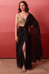 Black Satin High-Slit Draped Saree Set with Metallic Sequin Blouse