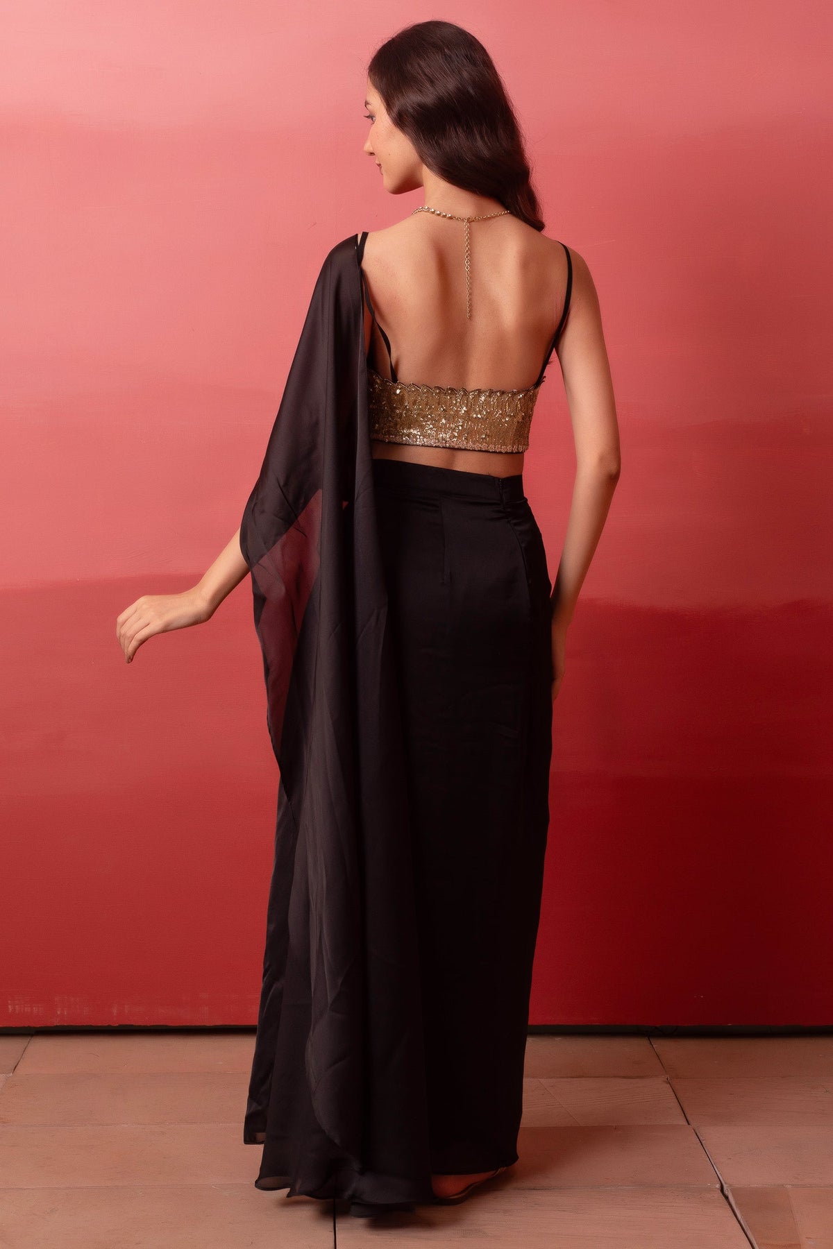 Black Satin High-Slit Draped Saree Set with Metallic Sequin Blouse