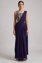 Midnight Blue Georgette Draped Saree with Zari Embroidered Blouse