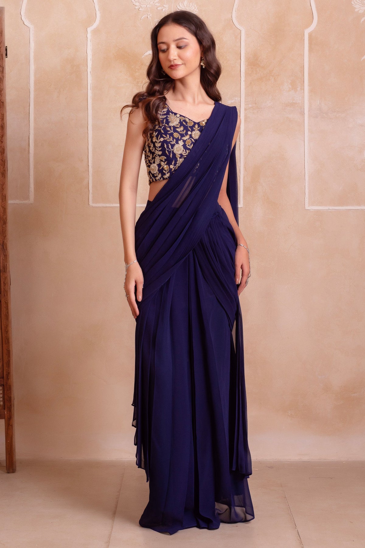 Midnight Blue Georgette Draped Saree with Zari Embroidered Blouse