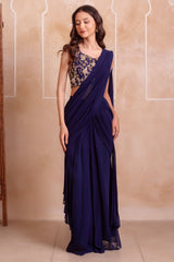 Midnight Blue Georgette Draped Saree with Zari Embroidered Blouse