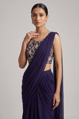 Midnight Blue Georgette Draped Saree with Zari Embroidered Blouse