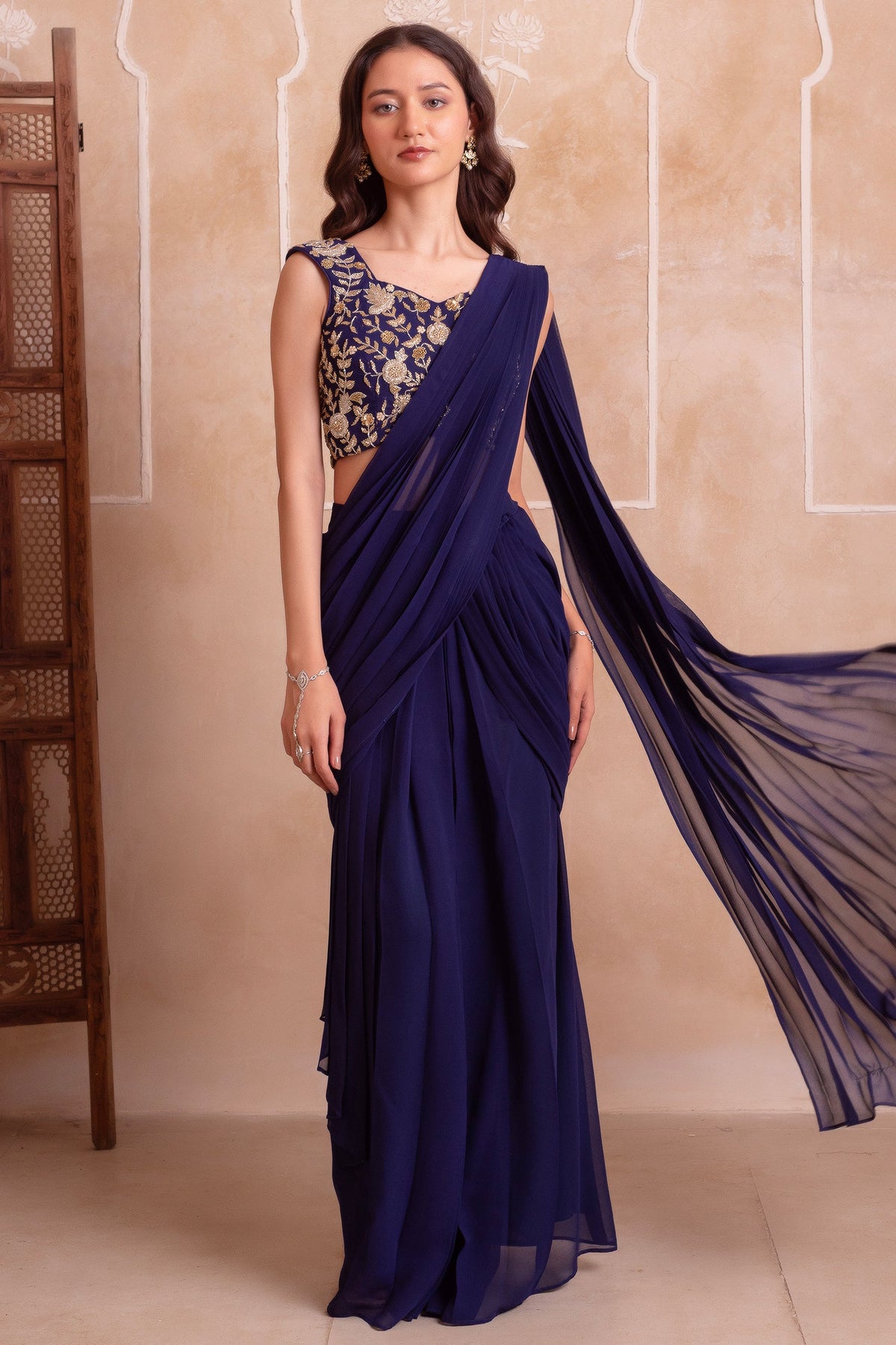 Midnight Blue Georgette Draped Saree with Zari Embroidered Blouse
