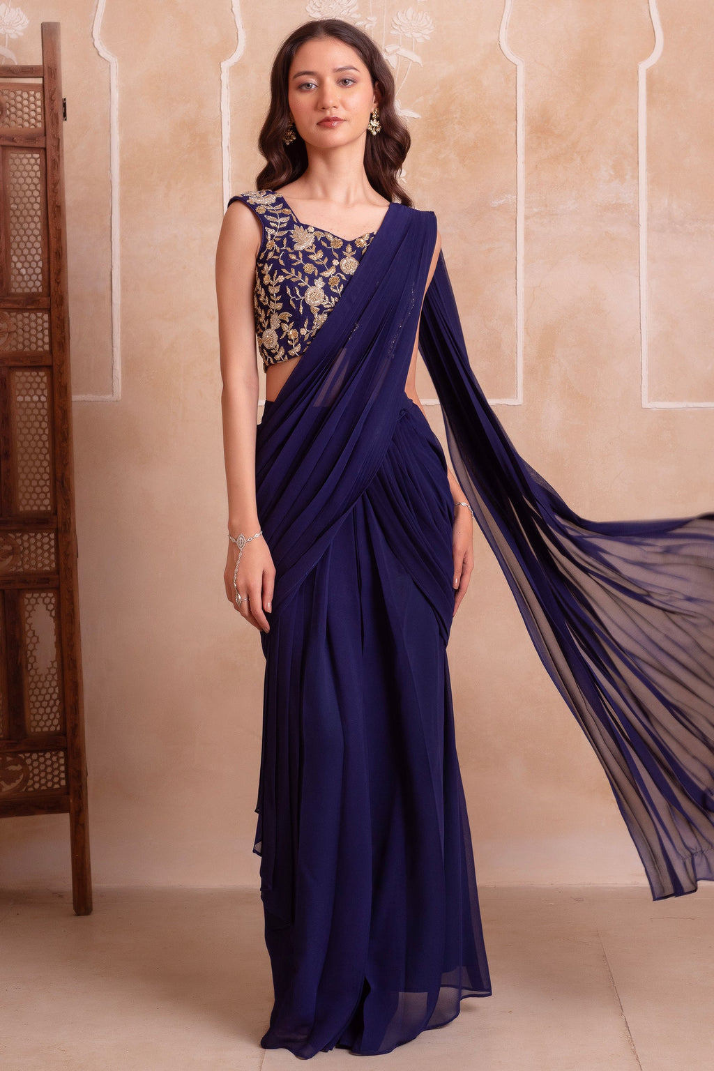 Midnight Blue Georgette Draped Saree with Zari Embroidered Blouse