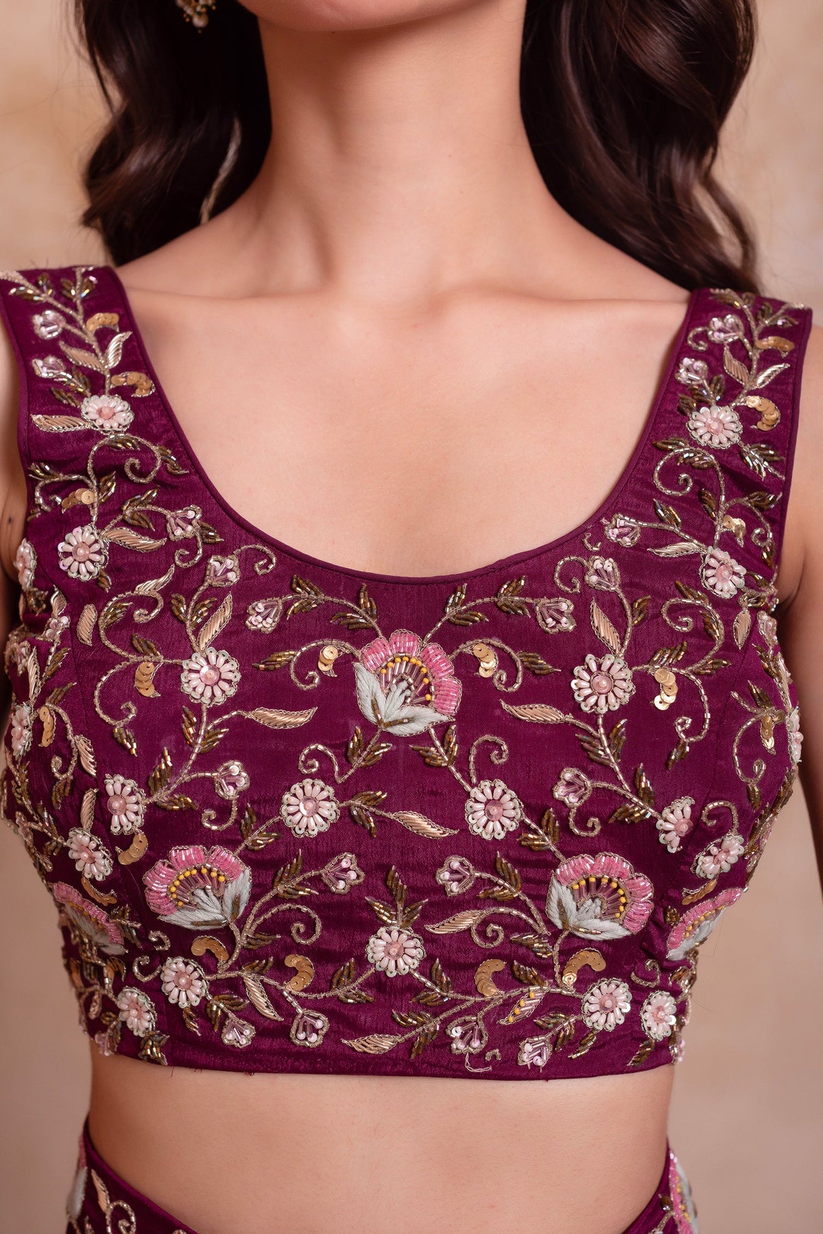 Wine Purple Chinon Pre-Stitched Saree with Embroidered Blouse