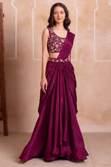 Wine Purple Chinon Pre-Stitched Saree with Embroidered Blouse