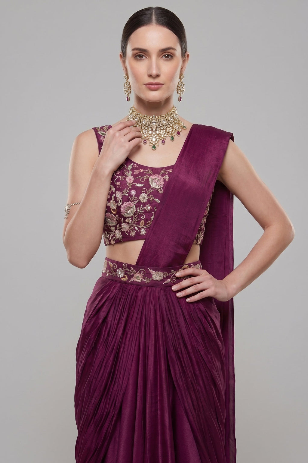 Wine Purple Chinon Pre-Stitched Saree with Embroidered Blouse