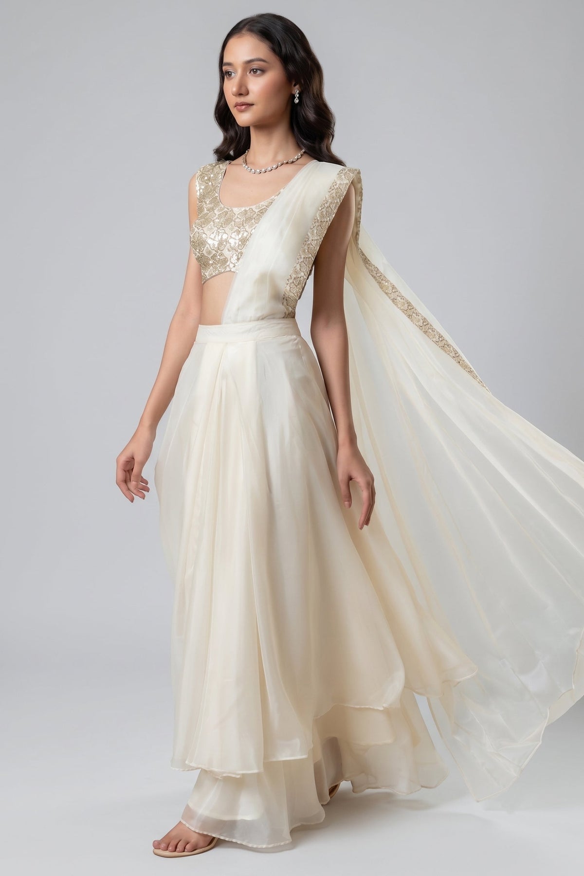 Off White Organza Tiered Draped Saree with Sequin Blouse