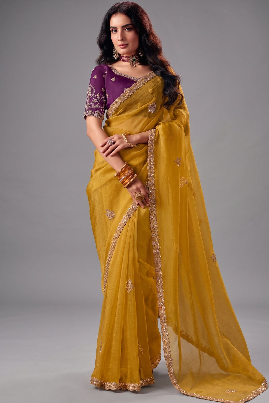 Mustard Yellow Organza Saree with Embroidered Border