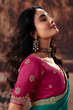 Teal Green Bemberg Saree with Delicate Gold Border