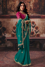 Teal Green Bemberg Saree with Delicate Gold Border