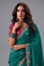 Teal Green Bemberg Saree with Delicate Gold Border