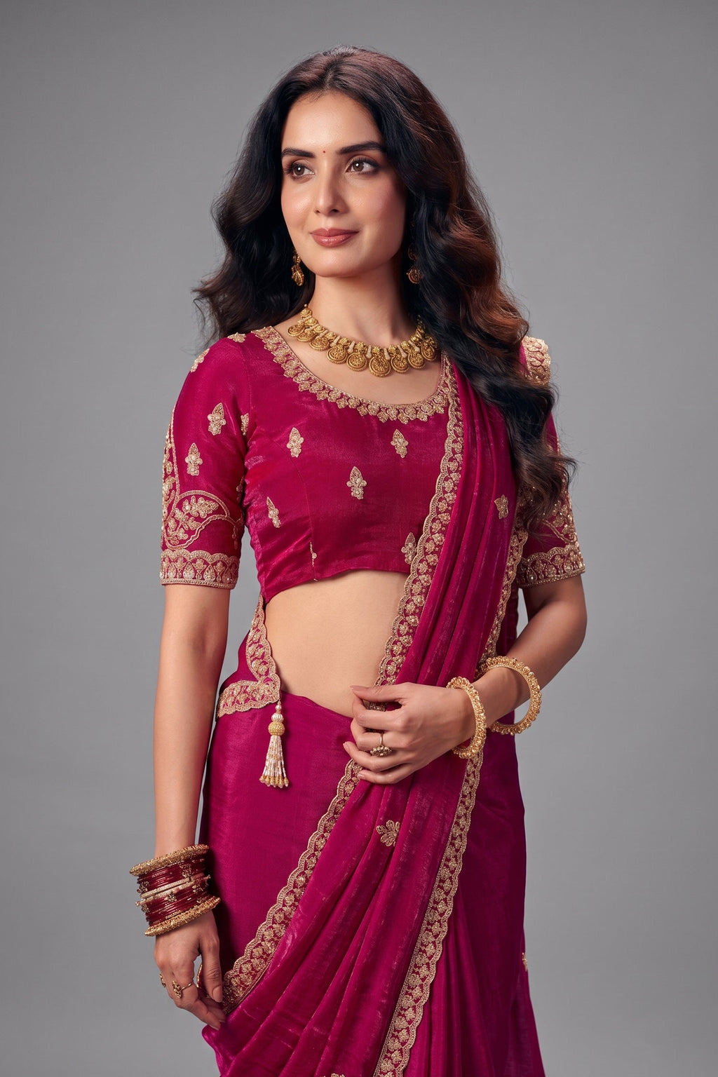 Deep Wine Red Fendy Satin Saree with Embellished Border