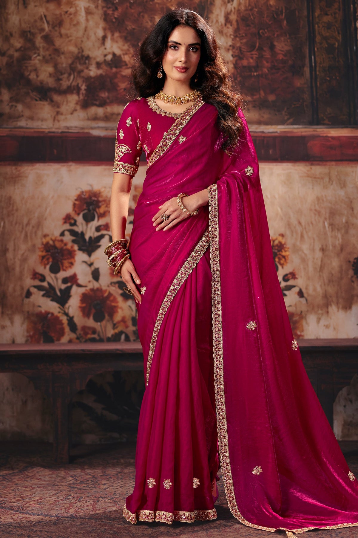 Deep Wine Red Fendy Satin Saree with Embellished Border