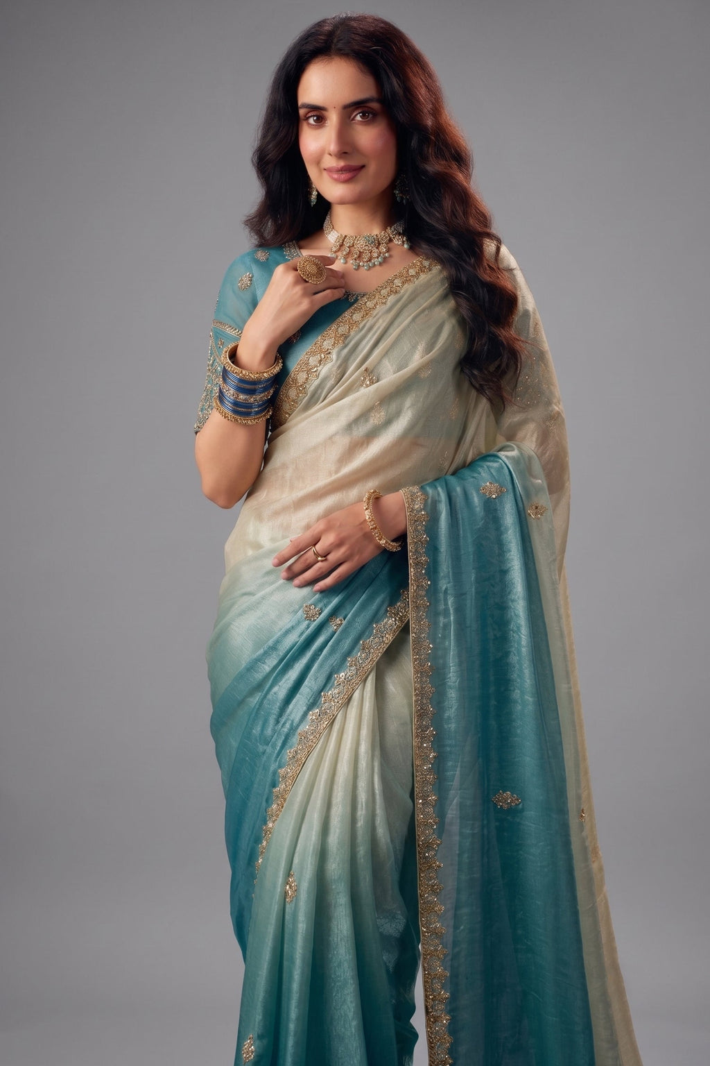 Dual-Tone Turquoise Cyan Fendy Satin Saree with Embellished Border