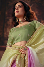 Lavender & Pink Ombre Fendy Satin Saree with Contrast Olive Green Silk Blouse