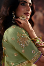 Lavender & Pink Ombre Fendy Satin Saree with Contrast Olive Green Silk Blouse