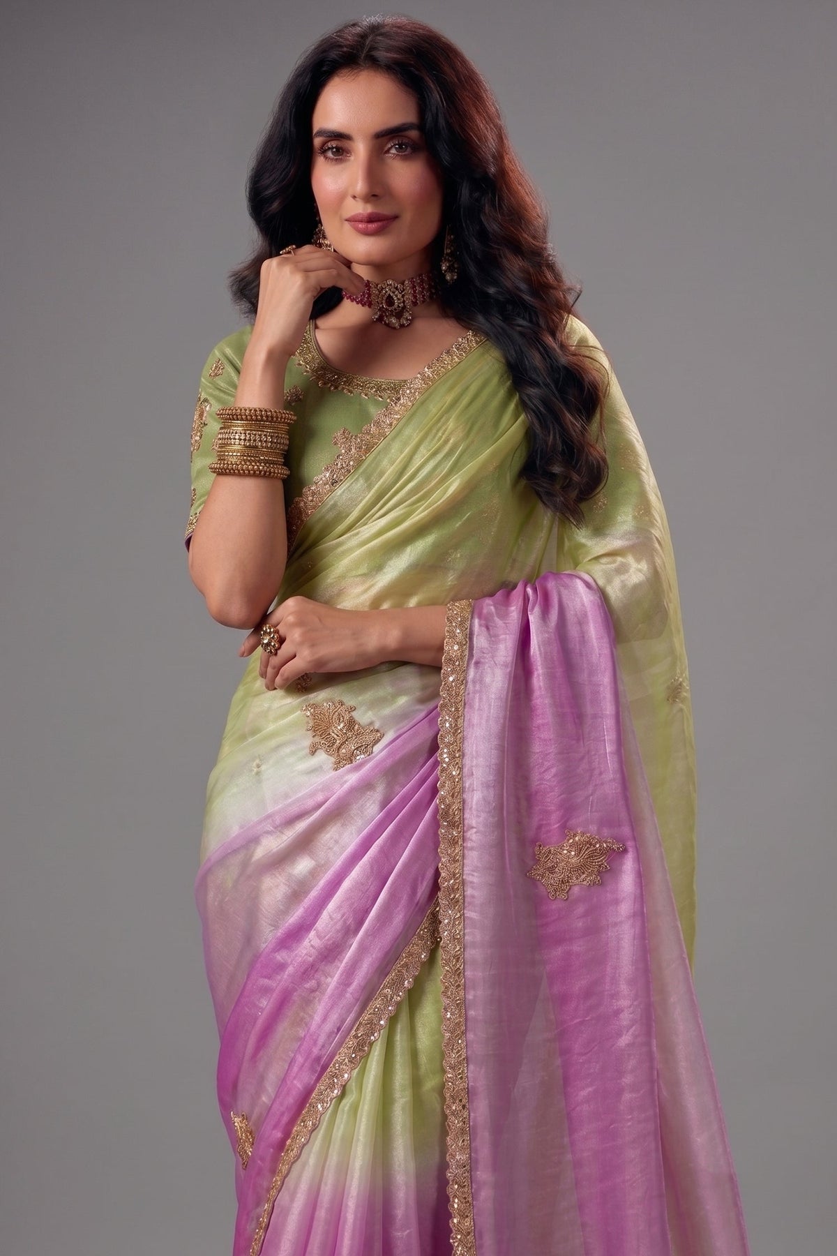 Lavender & Pink Ombre Fendy Satin Saree with Contrast Olive Green Silk Blouse