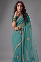 Sea Green Organza Saree with Intricate Border Work