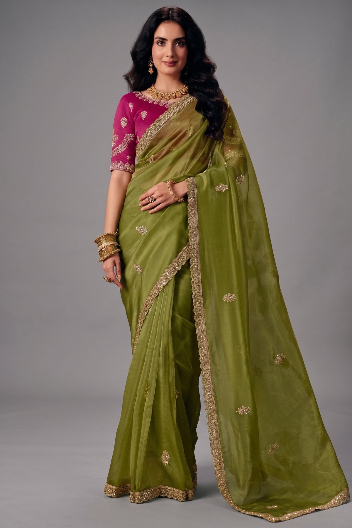 Moss Green Organza Saree with Embroidered Floral Border