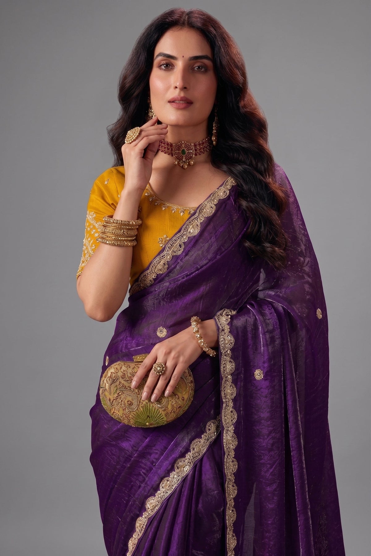 Deep Royal Purple Fendy Satin Saree with Heavy Gold Border