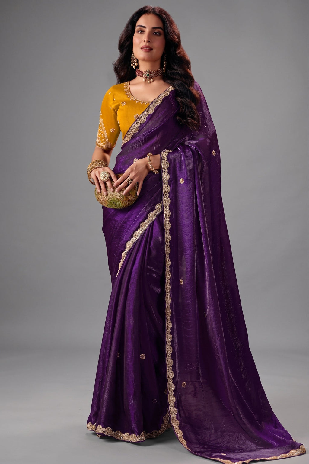 Deep Royal Purple Fendy Satin Saree with Heavy Gold Border