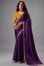 Deep Royal Purple Fendy Satin Saree with Heavy Gold Border